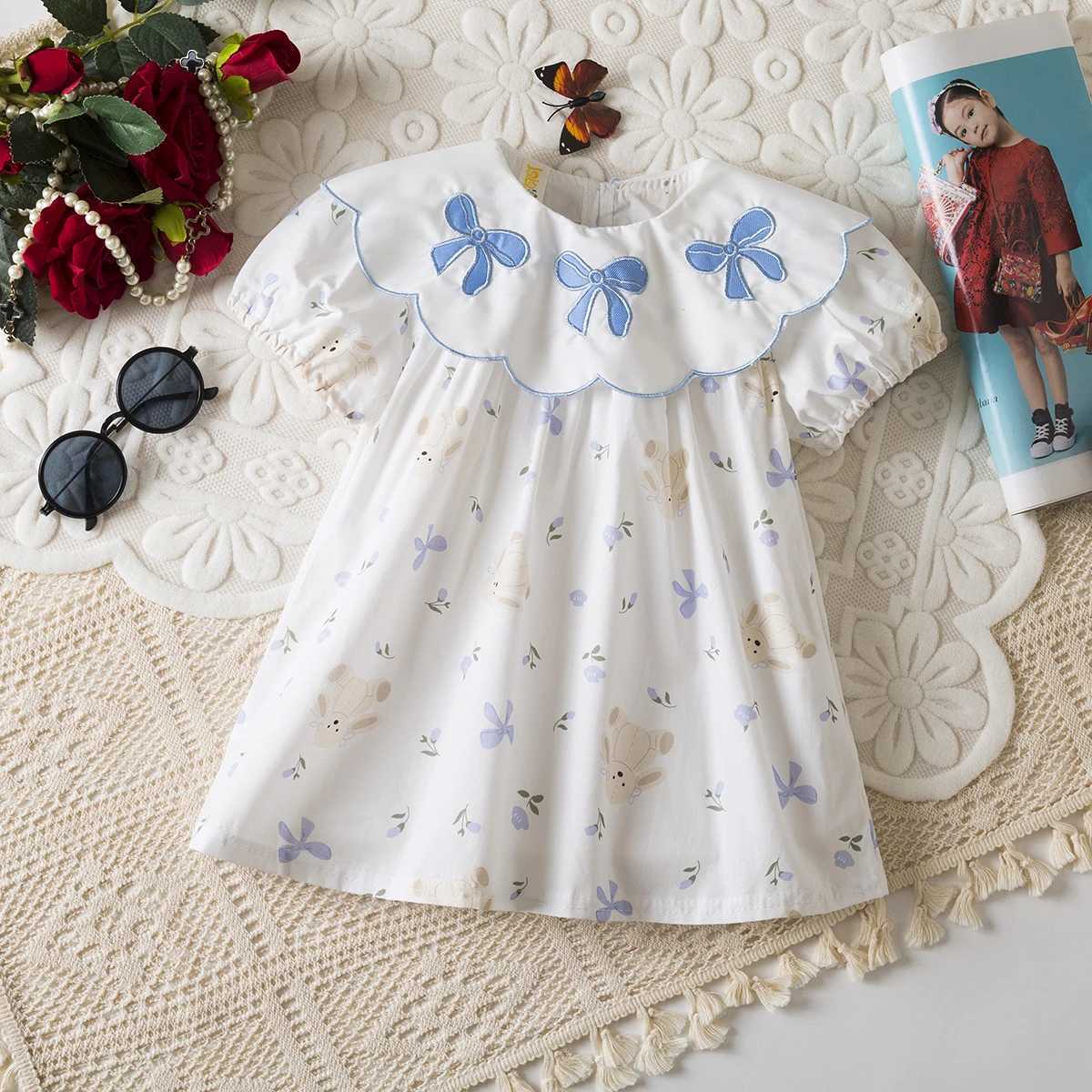 Baby Girl Summer Dress Full Print Flower Bow Short Sleeve Girl Dress Cute Cotton Bubble Sleeve Girl Princess Dress Baby Clothing R250707