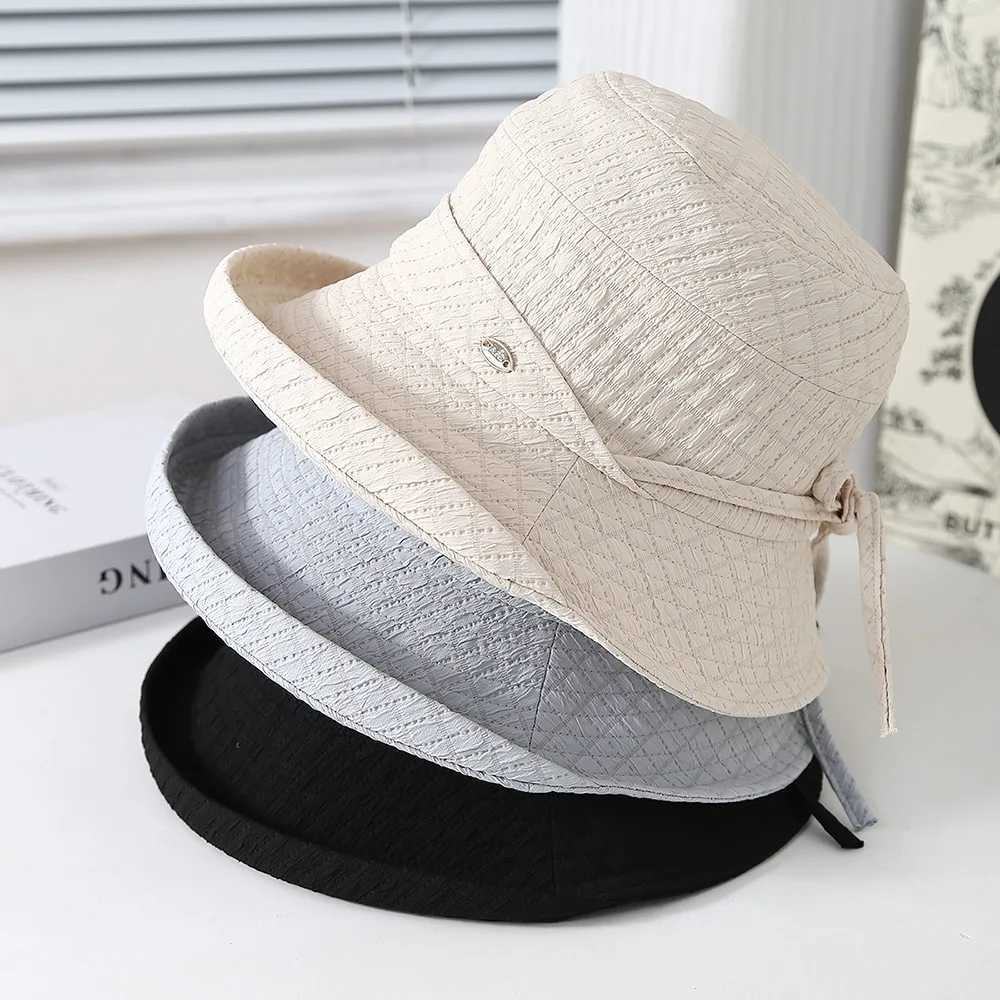 Womens Bucket Hat Elegant Lady Fisherman Cap With Bow Wide Brimmed Spring Summer Hats For Women Foldable Cloth Sunhat New Y250707