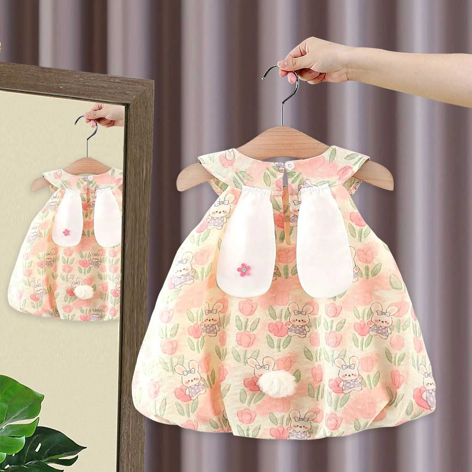 Summer Rabbit Tulip Printed Sleeveless Dress for Kids Girl Cute Flower Bud Princess Dress for Baby Kids R250707