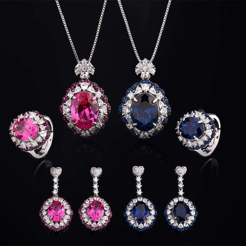 New Two-Tone Electroplated Black And Royal Blue Set Personality Ring For Elegant Pendant Necklace Colorful Gemstone Earrings High-End Women 65D