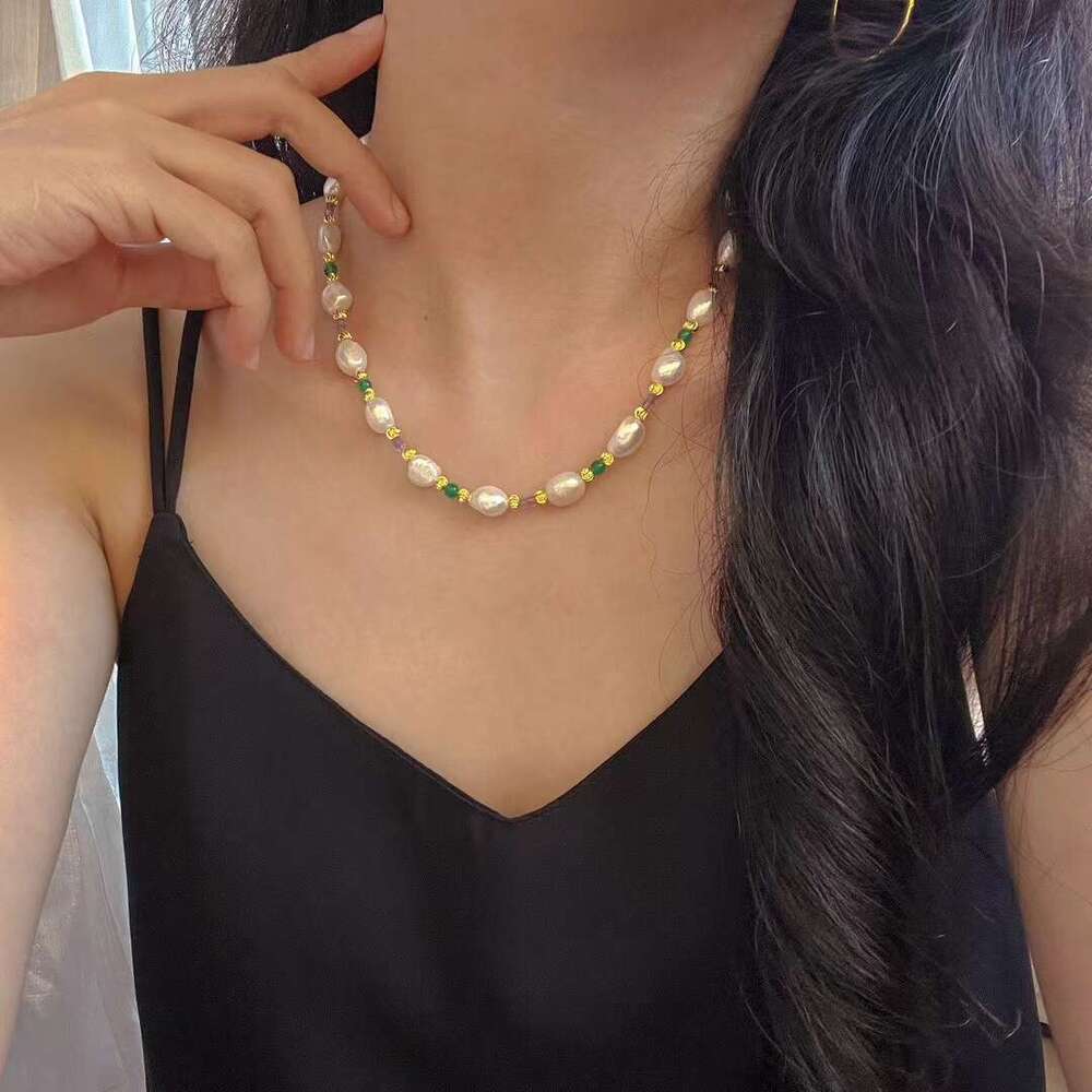 DHCollections Oriental Vintage Freshwater Pearl & Jade Crystal Beaded Necklace for Women & Girls