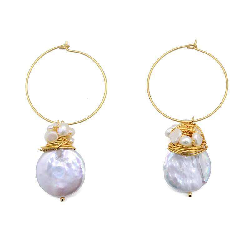 White Natural Pearl Gold Circle Cuff Bracelet & Earrings Women's Gift Jewelry Drop
