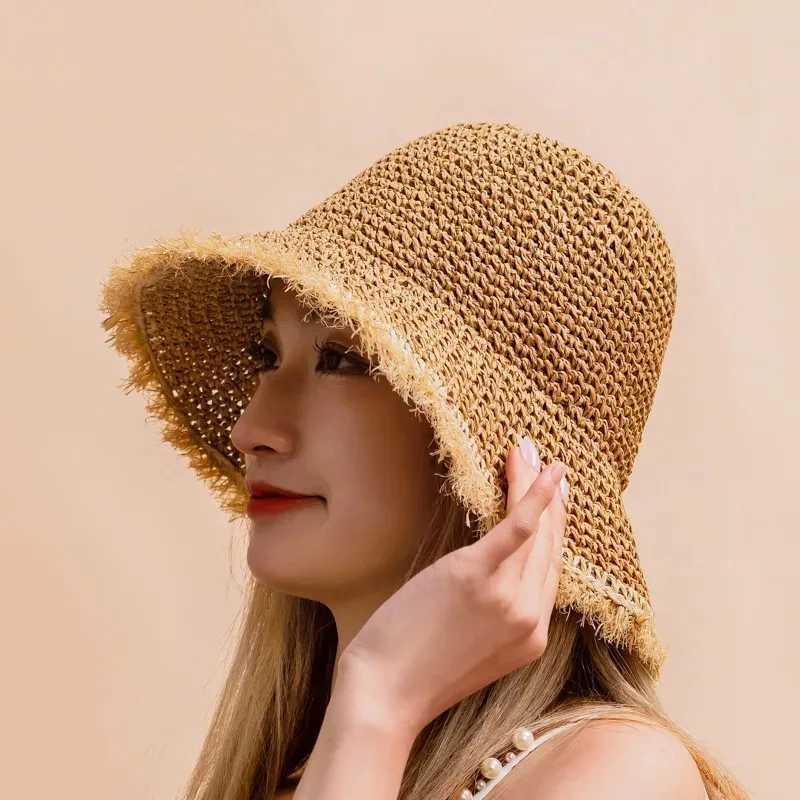 Crochet Straw Hat for Women Summer Handmade Hollow Out Panama Raffia Paper Tassel Edge Beach Hats UV Protect Foldable Sun Visor Y250707