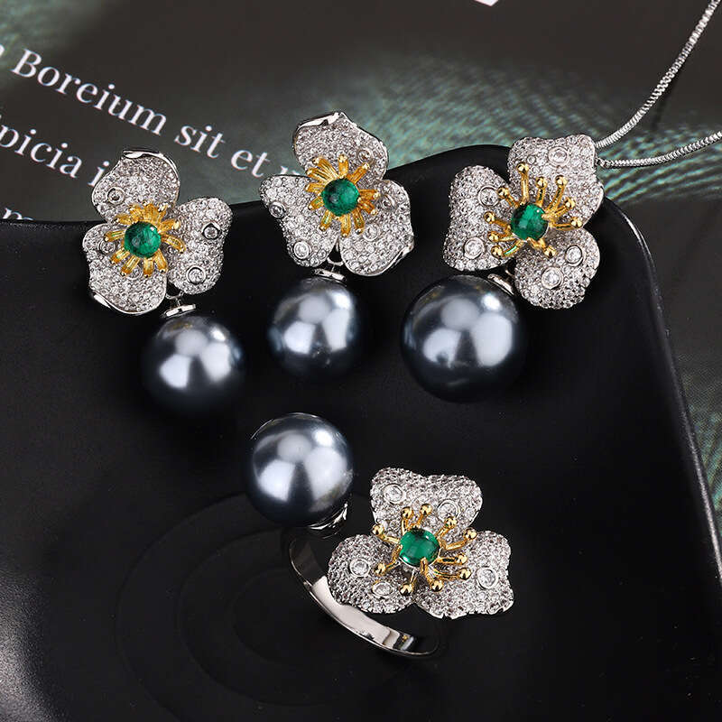 Autumn Winter New Set Flower-Shaped Gray Pearl Clavicle Chain S Sier Needle Earrings High-End Elegant Versatile Women's Style 01C