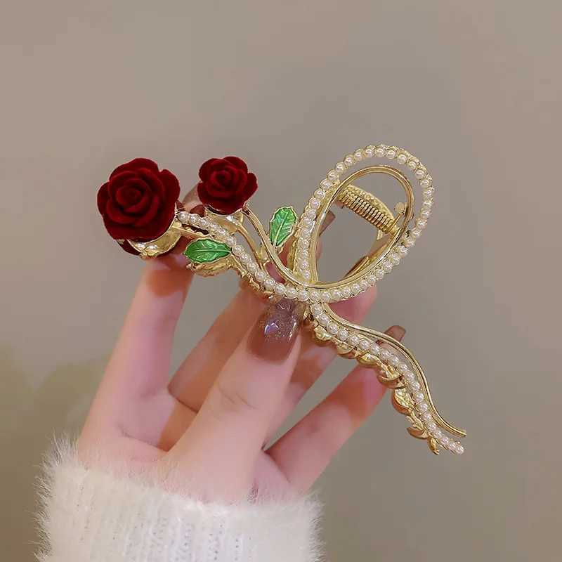 Retro New Rhinestone Rose Grasp Clip Womens Ponytail Shark Clip Hair Claw Hair Clip Elegant Girl Fashion Hair Accessories Z250707