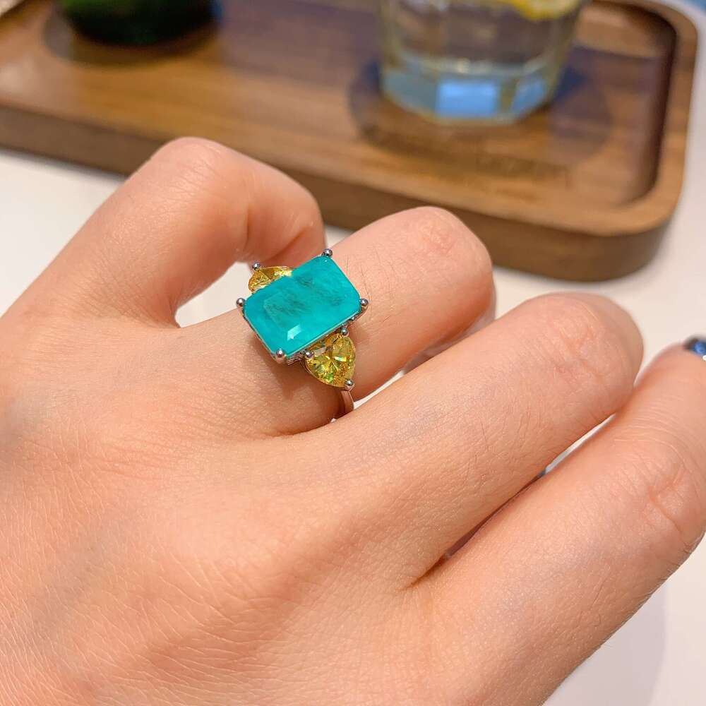New Style Socialite Micro Pave Square Shape Large Zircon Ring Imitation Paraiba Color Jewelry 6E7