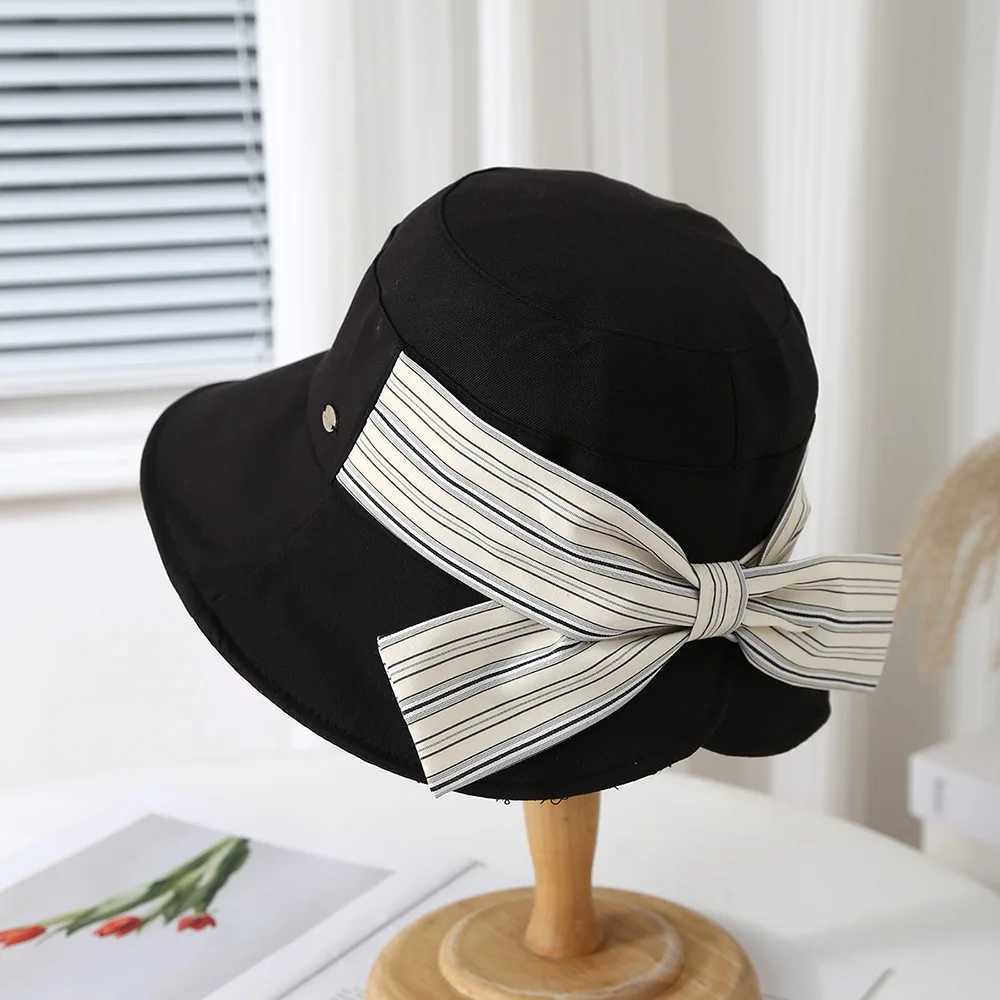 Korean Style Bucket Hat Women Thin Striped Bow Fisherman Hat Womens Spring And Summer All-match Sunshade Sun-protection Folding Y250707