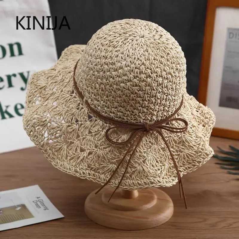Holiday Beach Fisherman Hat Seaside Sun Protection Sun Hat Large Brim Bow Woven Straw Hat Women Panama Chapeau Koren Y250707