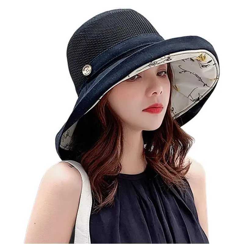 Summer Womens Double-sided Bucket Hat Korean Version Mesh Pattern Button Bucket Hat Outdoor Sunscreen Hat Y250707