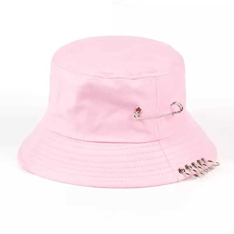 Bucket Hat for Women Men Teens Fashion Caps Hip Pop Kpop Black White Pink Fisherman Sun Hat with Big Metal Pins Rings Y250707