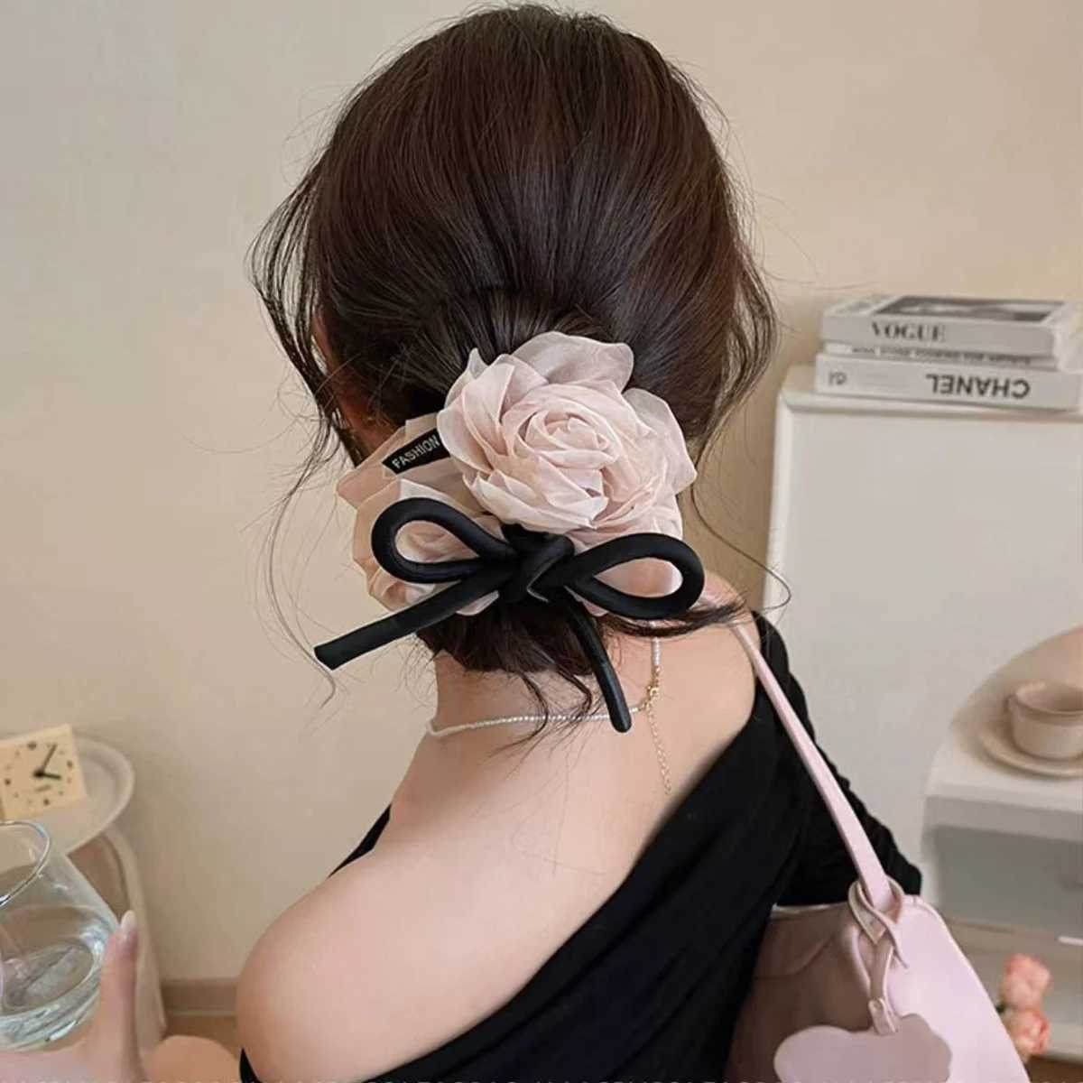 1pc Soft Pink Mesh Rose Flower Bow Large Intestine Hair Ring Simple Fairy Temperament Rose Shark Clip Cloud Fold Grab Clip Y250707