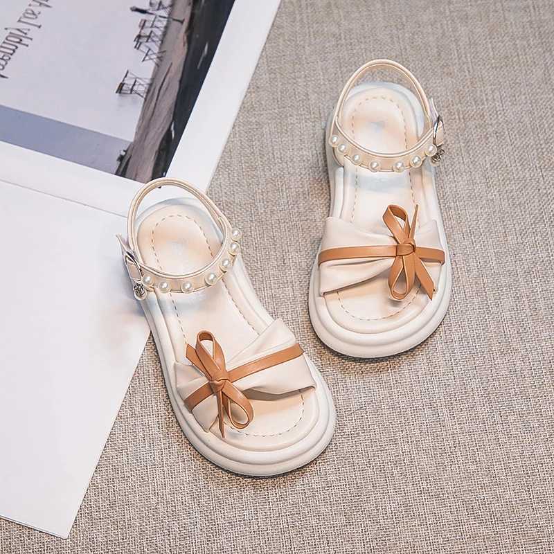 Girls Sweet Princess Sandals Soft Bottom Children Summer Beach Shoes Non-Slip Soft Sole Kids Flats Beading Sandals with Bow-knot R250707