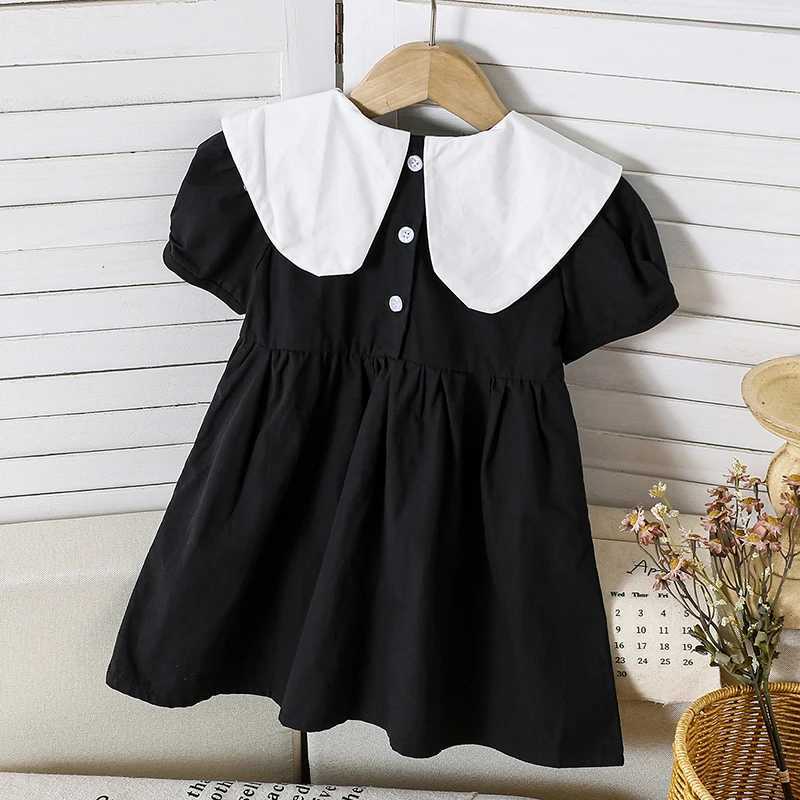 Summer Children Embroidery Flower 1-6Yrs Baby Girls Dress Infant Clothing Doll Collar Bubble Black Cotton Kids Party Bow Dress R250707