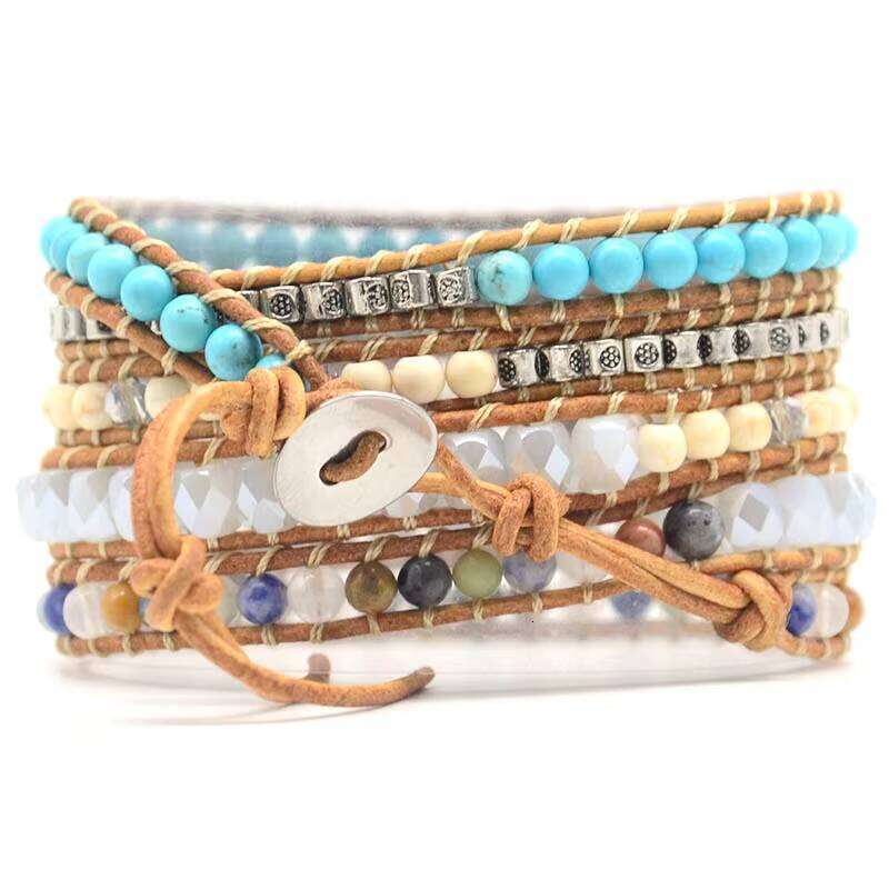 Stone Alloy Genuine Leather Unisex Cuff Rope Bead 5-Pack Adjustable Shell Bracelet