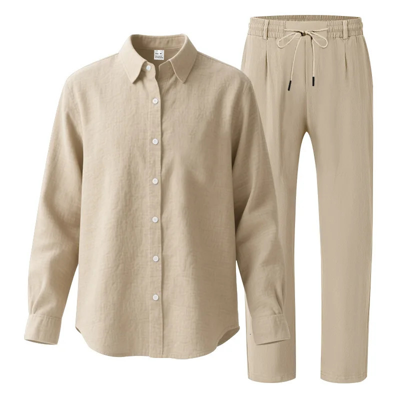 Vintage Solid Color Long Sleeve Outfits For Mens Spring Summer Casual Linen Shirt And Pants Men Two Piece Suits Fashion Sets 250707