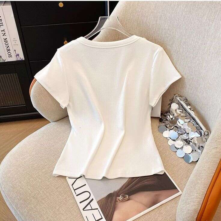 Heavy Craft Sleeve T-Shirt For Women Summer New U-Neck Slim Fit Short Top B5