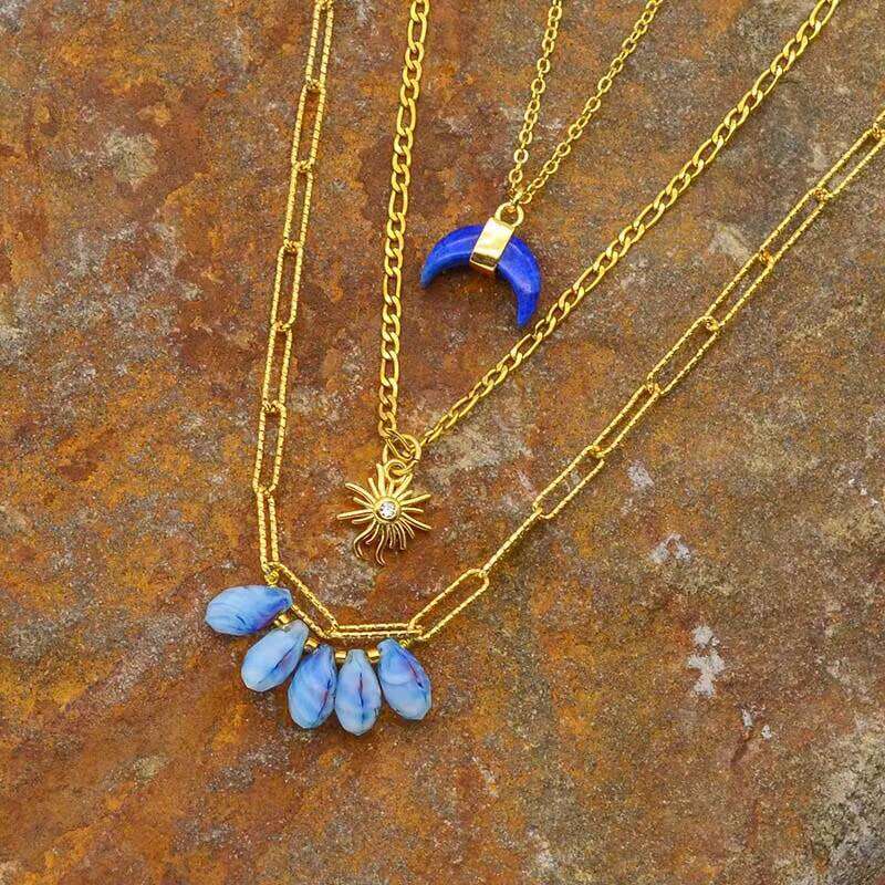 Lapis Lazuli Bohemian Pendant Copper Chain 3-Layer Necklace