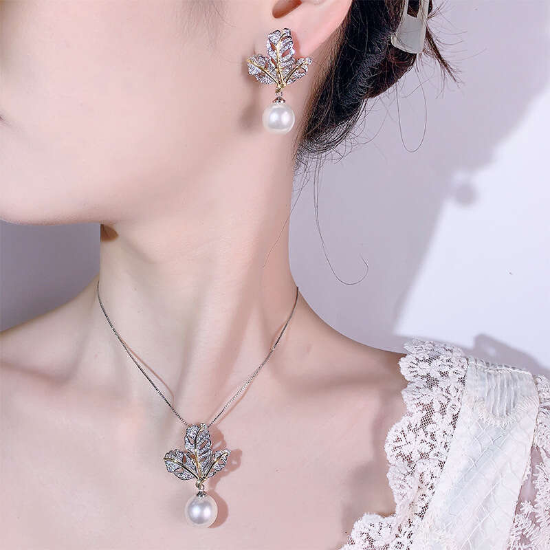 Huayoumei New Set Imitation Australian White Pearl Earrings Sier Needle Clavicle Chain Versatile Women's Jewelry Ec8
