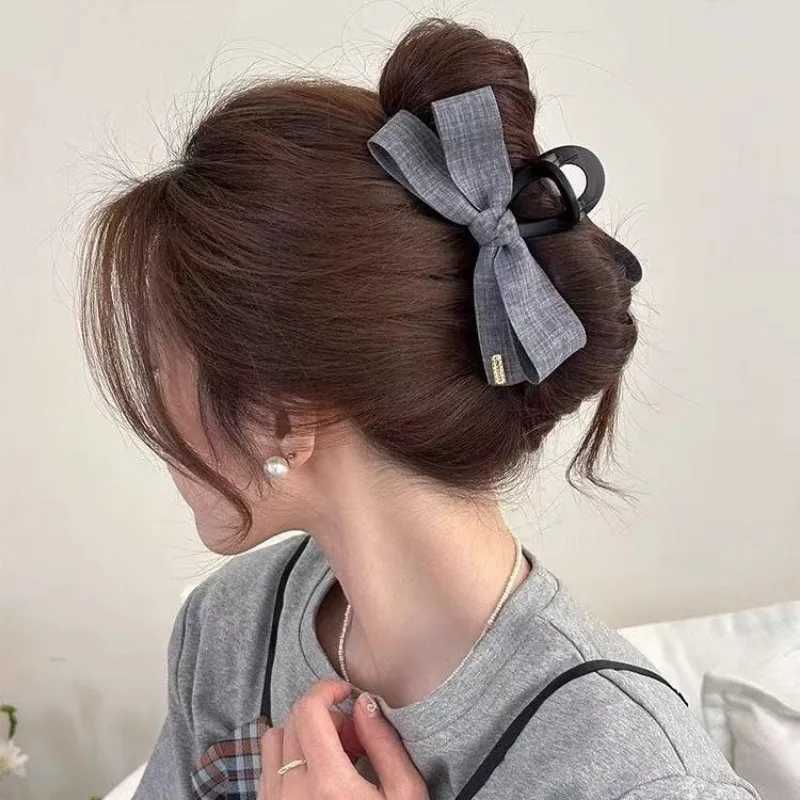 Korean fashionable denim bow grab clip new high-end hairpin large shark clip headdress on the back of the head Z250707