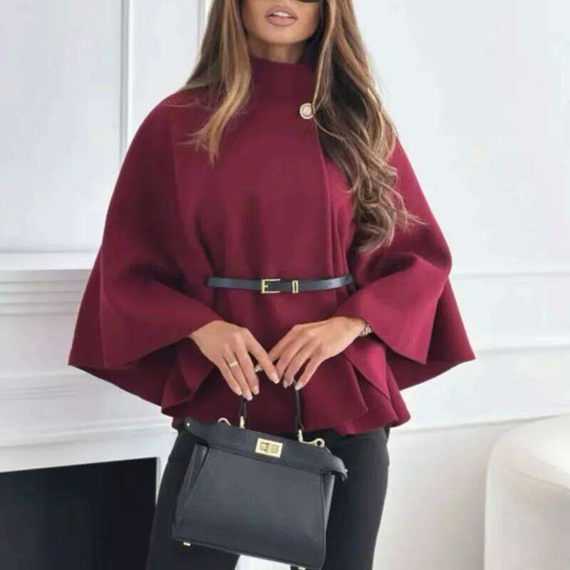 TRAF Womens Coat Short Cape For Women Belt Faux Wool & Blends Autumn Winter Solid Coats Elegant Cloak Jacket Ladies