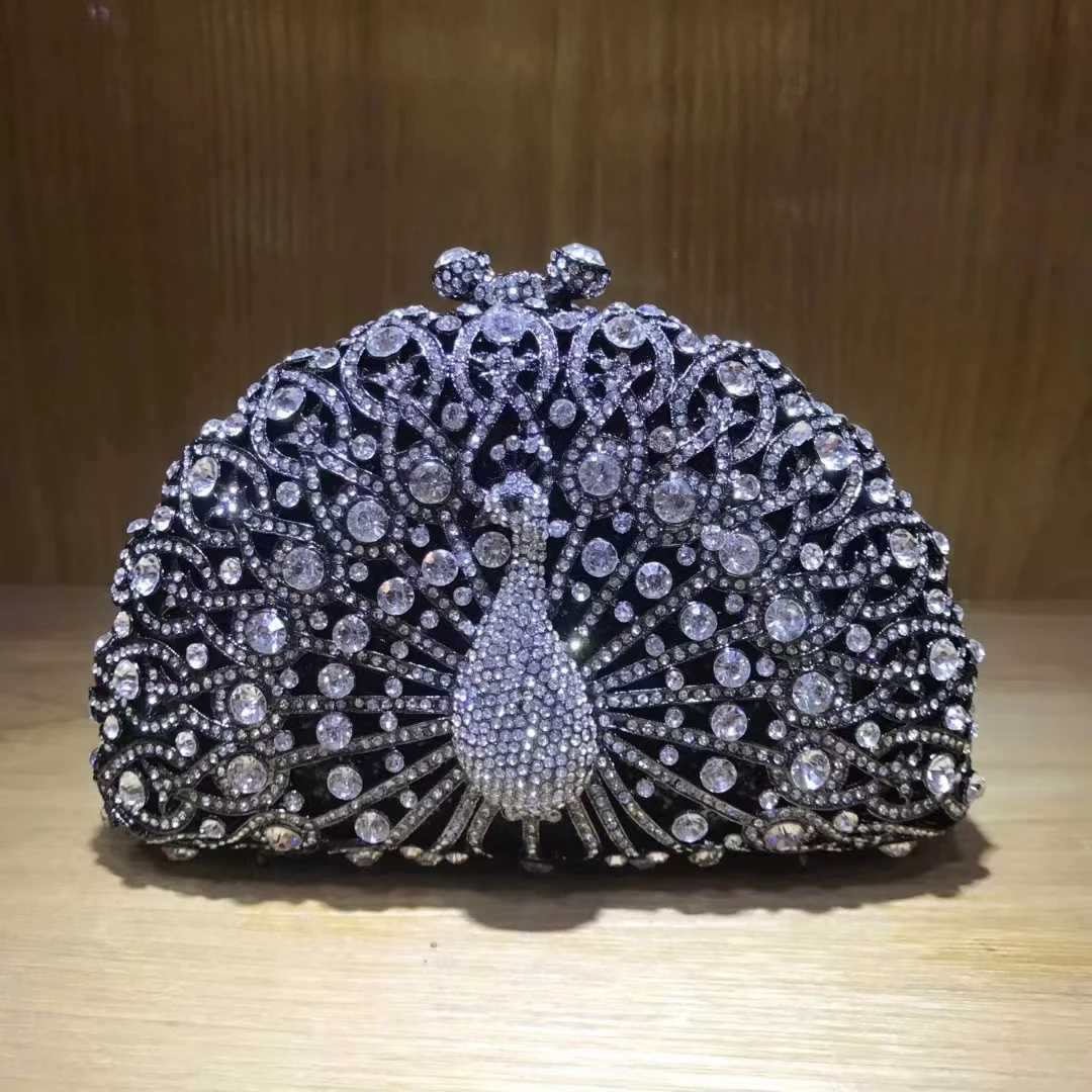 XIYUAN Woman Peacock Hollow Crystal Evening Bag Multicolored Diamond Bridal Animal Clutch Purse Wedding Cocktail Party Handbag