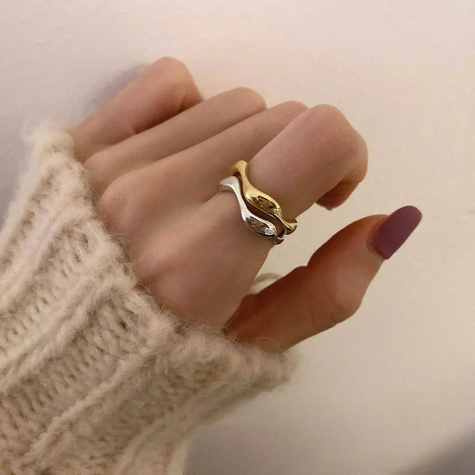 VENTFILLE 925 Sterling Silver Irregular Design Wave Golden Stackable Finger Rings Trendy Adjustable For Women Gifts Dropshipping XJ250707