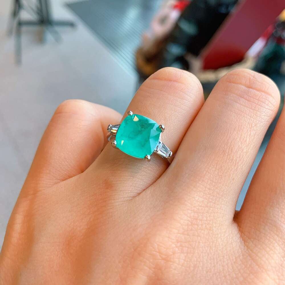 Tiktok Live New Style Socialite Square Imitation Emerald Simulated Paraiba Color Jewelry Ring 725