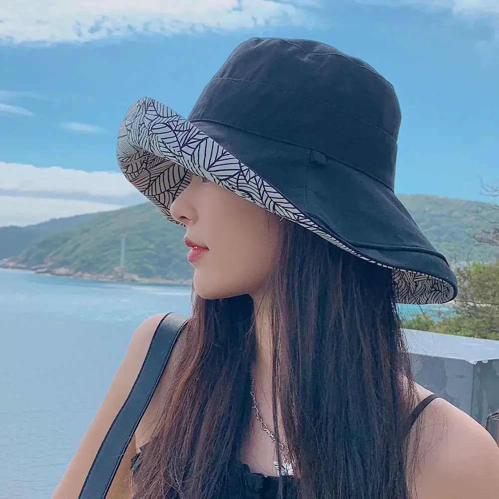 Women Summer Spring Reversible Bucket Hat UV Protection Wide Brim Lightweight Foldable Cotton Sun Hat for Outdoor Beach Travel Y250707
