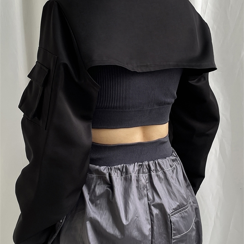 Zip Up Stand Collar Long Sleeve Black Cropped Jackets Women Pocket Safari Style Streetwear 250703