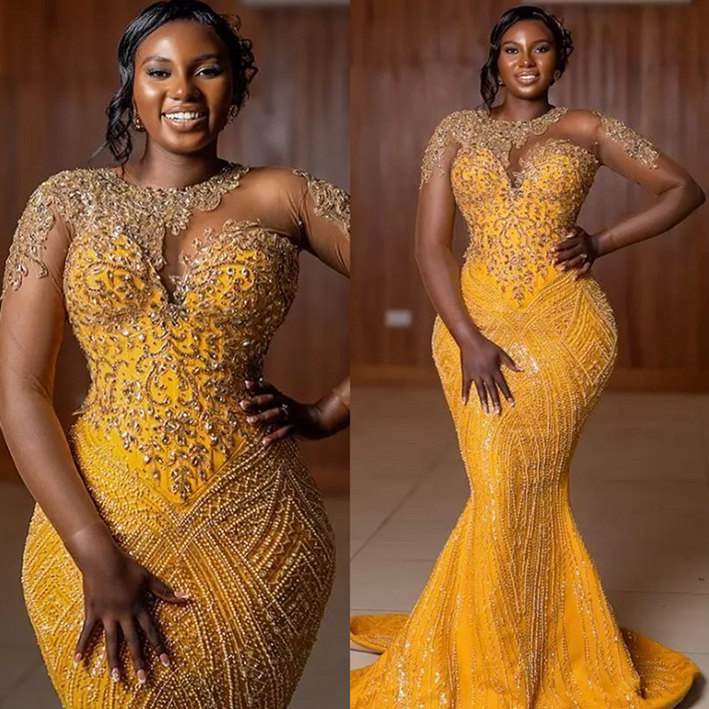 2025 Plus Size Gold Aso Ebi Prom Dress African Mermaid Prom Dresses Evening Formal Gowns Long Sleeves Beaded Lace Crystal Birthday Dress Second Recept