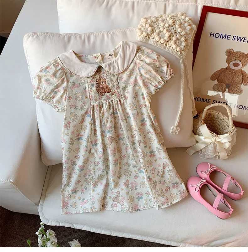 Little Bear Embroidered Short Sleeve Girls Dress 2025 Summer New Style Doll Collar Western Printed Children Dress R250707
