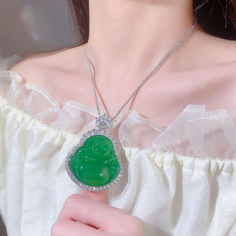 Huayoumei Jewelry Green White Chalcedony Laughing Buddha New Chinese Accessories National Style Maitreya Necklace Pendant Ec1
