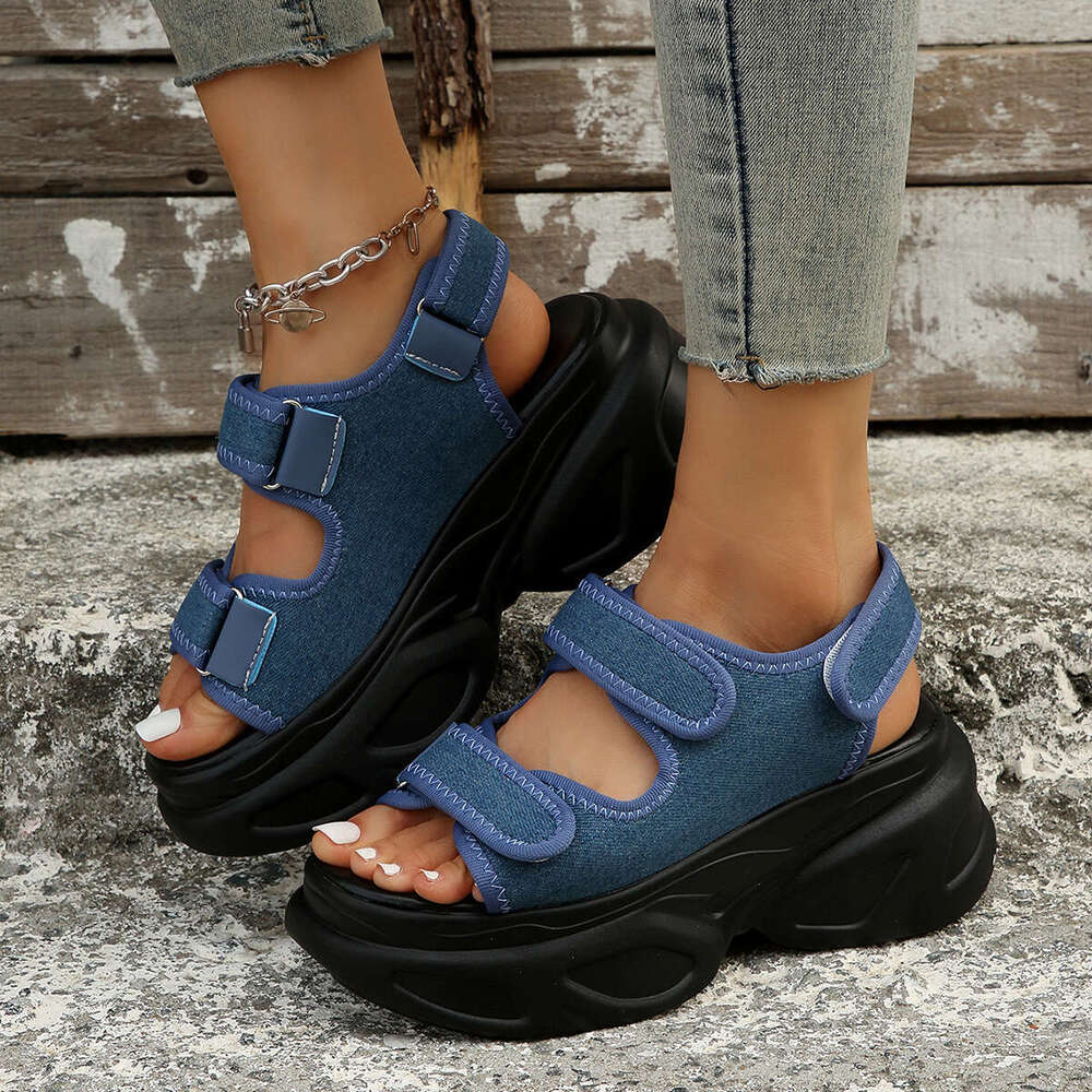 New Style Platform Magic Tape Large Size Thick Sole Sandals Denim Women's Shoes