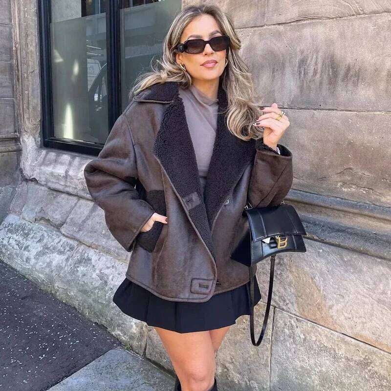 TRAF Fleeced Leather Women Outerwears Vintage Cold Faux Wool & Blends Coats For Woman Autumn Winter Plush Jacket