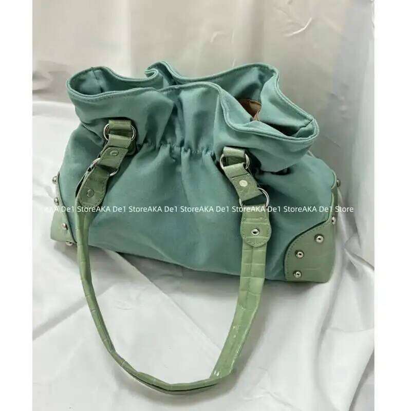 Belt Design Streetwear Green Zipper Y2k Girl Shoulder Pleated Fashion Underarm Bags Rivet Gothic Women's Handbags