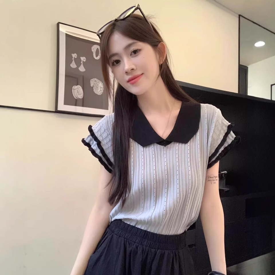 2025 Summer New Women's T-shirt French Wave Edge Color blocked Short Sleeve T-shirt Summer Sweet Doll Neck Top New Designer T-shirt