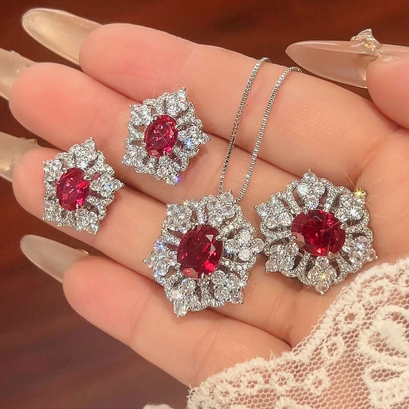 Huayoumei Jewelry Set Earrings Necklace Ring Light Heavy Craft Sparkling Pigeon Red Series For Women 010