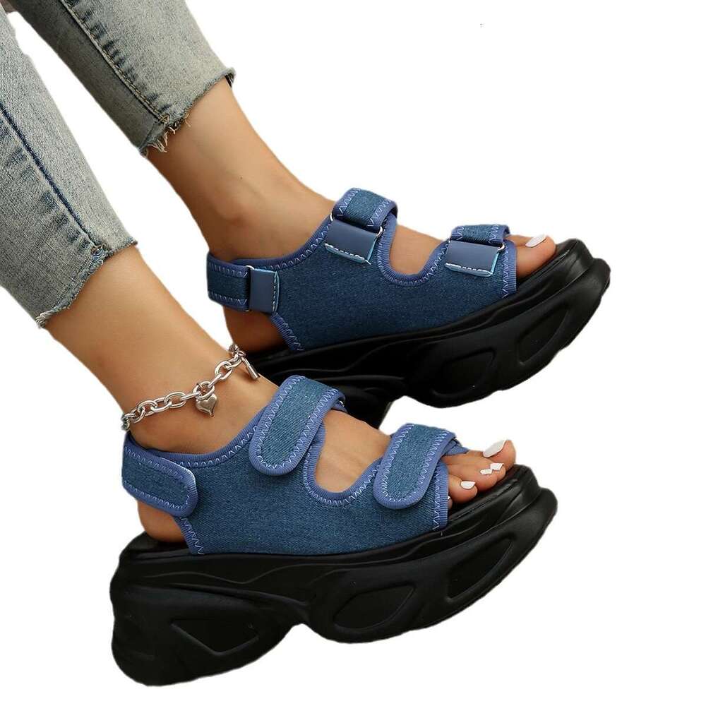 New Style Platform Magic Tape Large Size Thick Sole Sandals Denim Women's Shoes