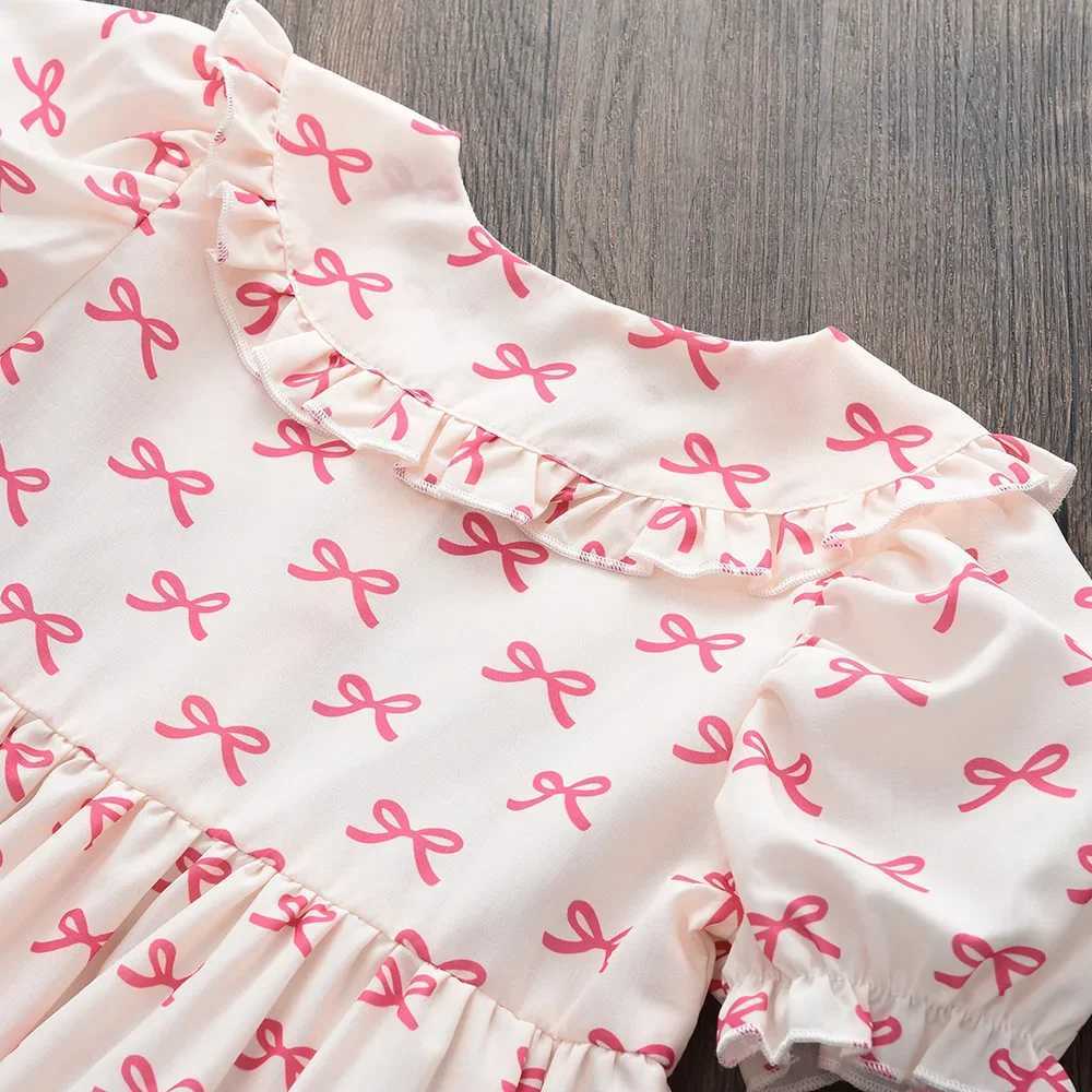 Korean Version Summer New Fashion 3-7 Years Girls Sweet Puff Sleeve Princess Dress 1 Pc Kids Bow Print Casual Clothes R250707