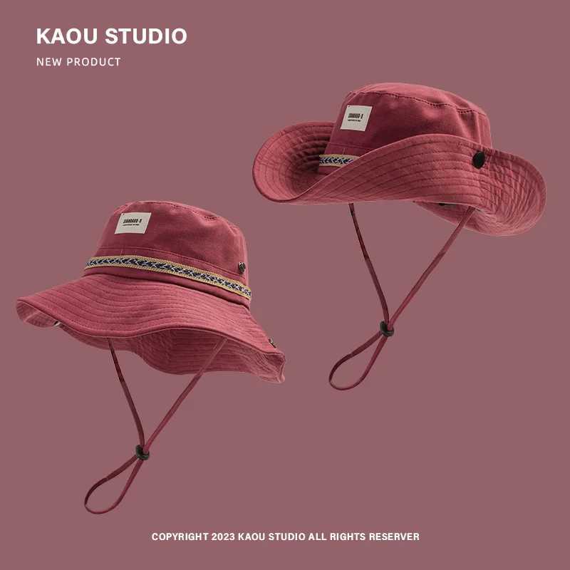 Japanese Harajuku Tooling Style Bucket Hats for Men and Women Outdoor Camping Sunshading Fashion Sticker Western Cowboy Caps Y250707