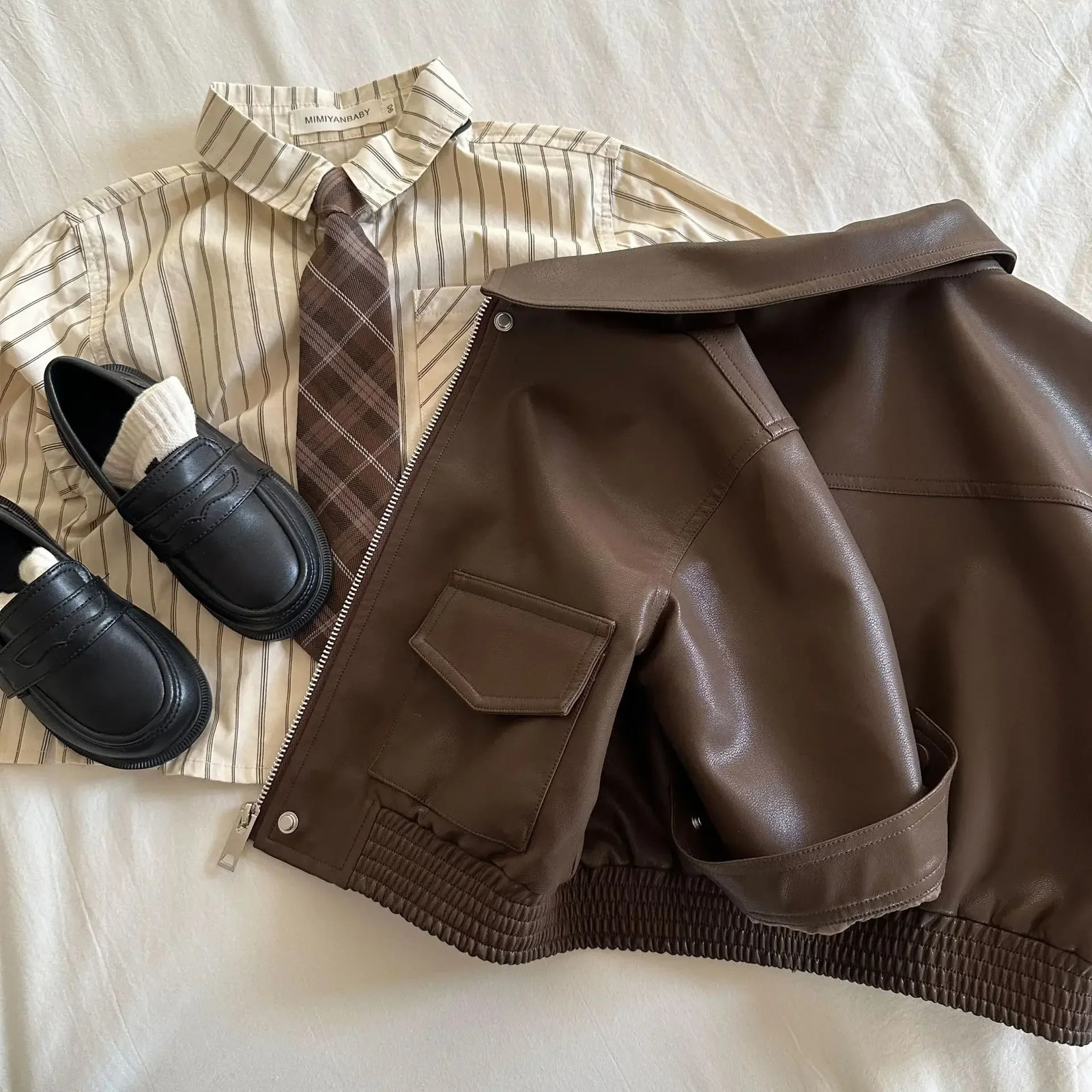 Childrens Jacket Autumn Solid Color Collar Leather Jacket for Boys and Girls Baby Short Coat Trendy 250704