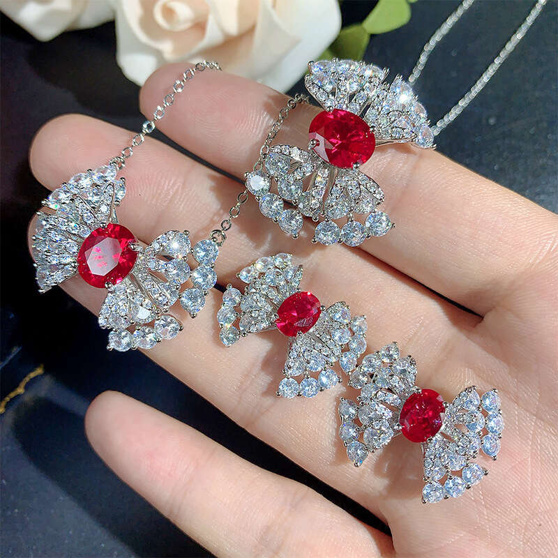 New Style Jewelry Set Necklace Earrings Ring Red Fashion Light Zircon Versatile Women's 3Fa