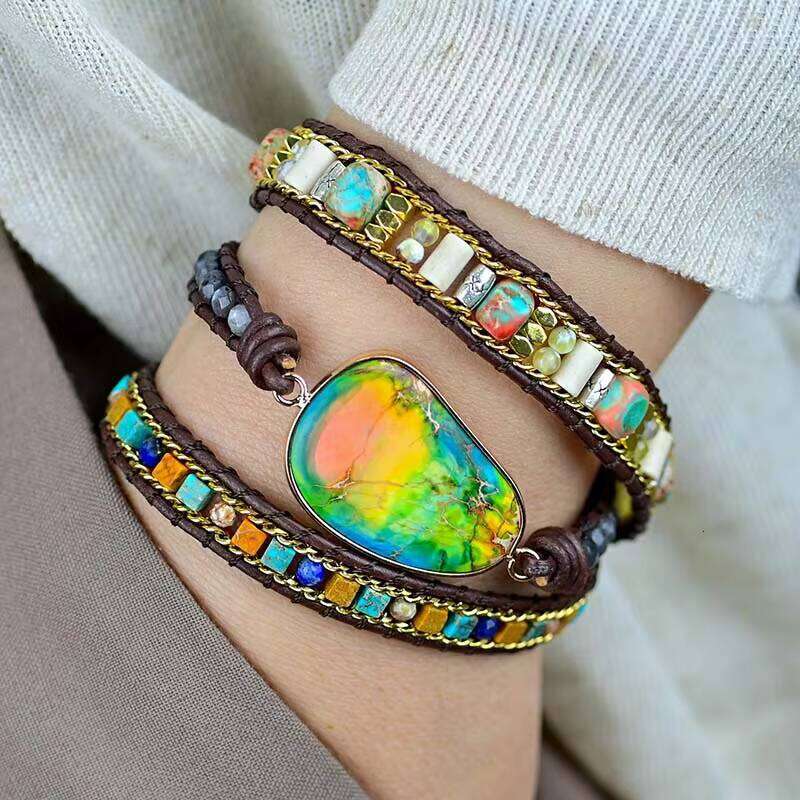 Mixed Color Imperial Irregular Natural Stone 3-Layer Wrapped Women's Jewelry Charm Bracelet