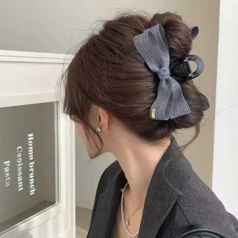 Korean fashionable denim bow grab clip new high-end hairpin large shark clip headdress on the back of the head Z250707