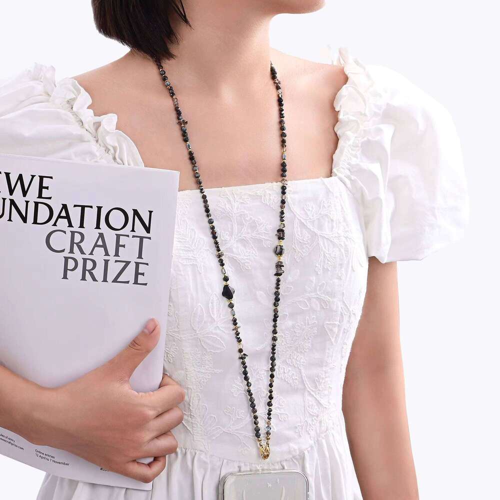 Bohemian Black Onyx Four-Leaf Clover Natural Stone Bead Phone Chain Multi-Use Friendship Jewelry