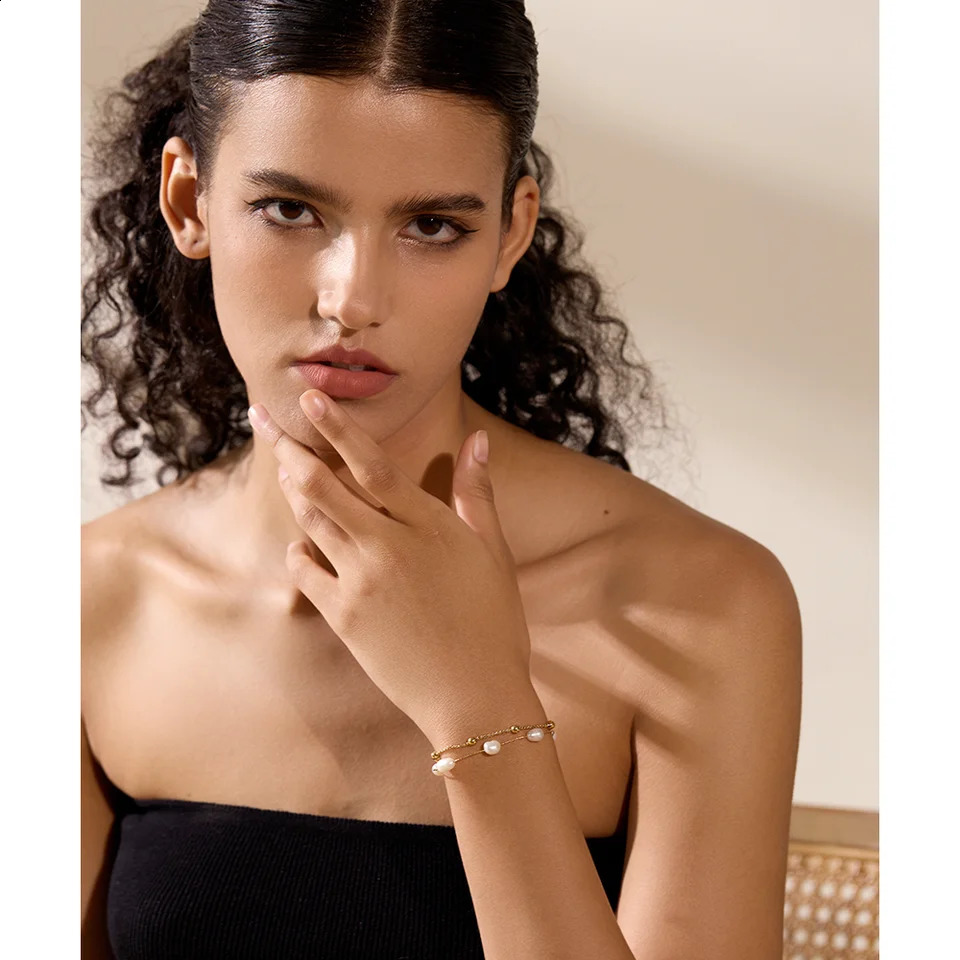 Yhpup Natural Pearls Double Layer Chain Stainless Steel Charm Bracelet Bangle Women Stylish Summer Jewelry Waterproof 250707
