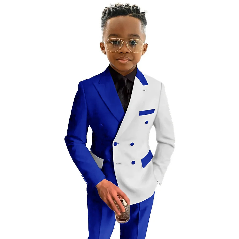 White and Royal Blue Boys Suit 2 Pieces Set Fashion Party Wedding Tuxedo 3-16 Yeard Old Kids Blazer Double Breasted Clothes 250704