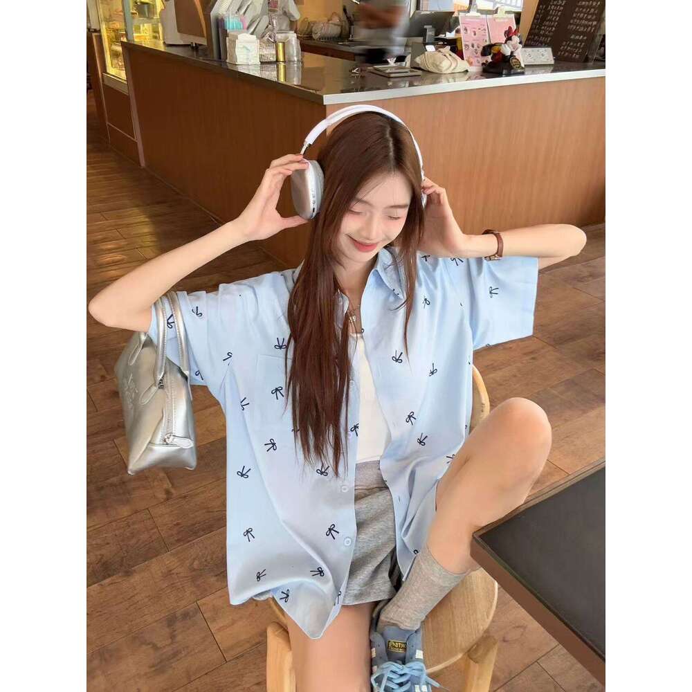 Pink Printed Bow Short Sleeve For Women Summer Sweet Design Sense Niche Stylish Thin Shirt Jacket B5