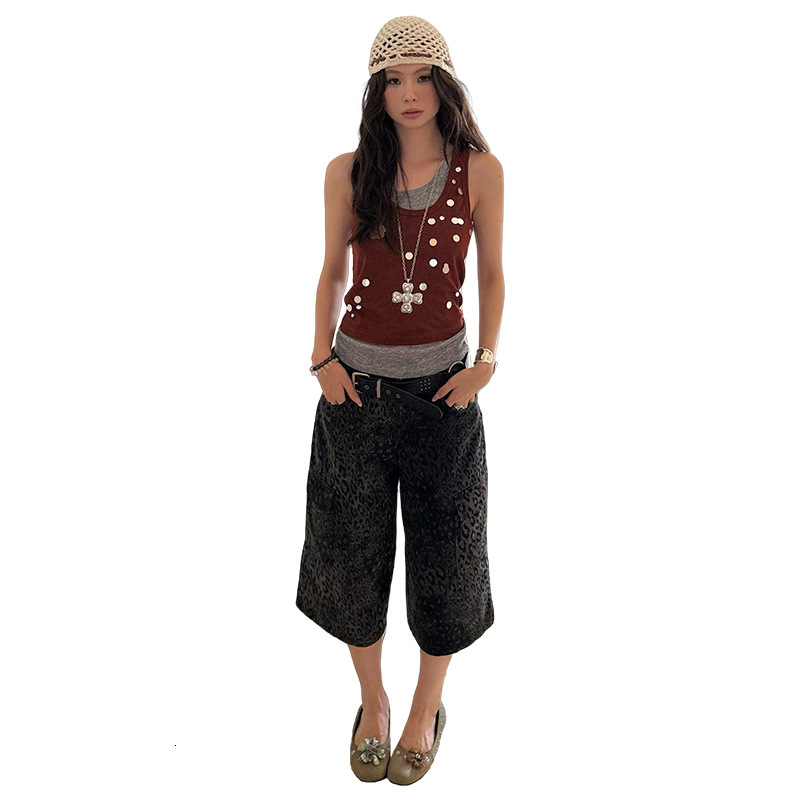 2025 Summer new women's T-shirt fashion street style handmade sequins niche color block two-piece set short sleeved T-shirt new designer T-shirt