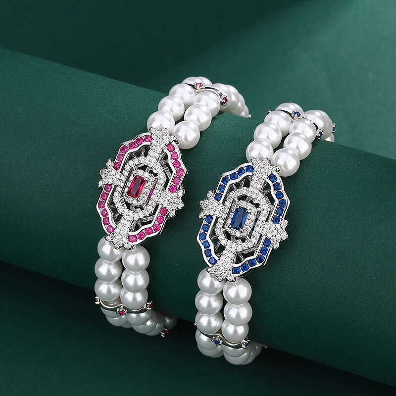 Huayoumei Double Row Pearl Red Corundum Blue Topaz Square Inlaid Bracelet Y546 A66